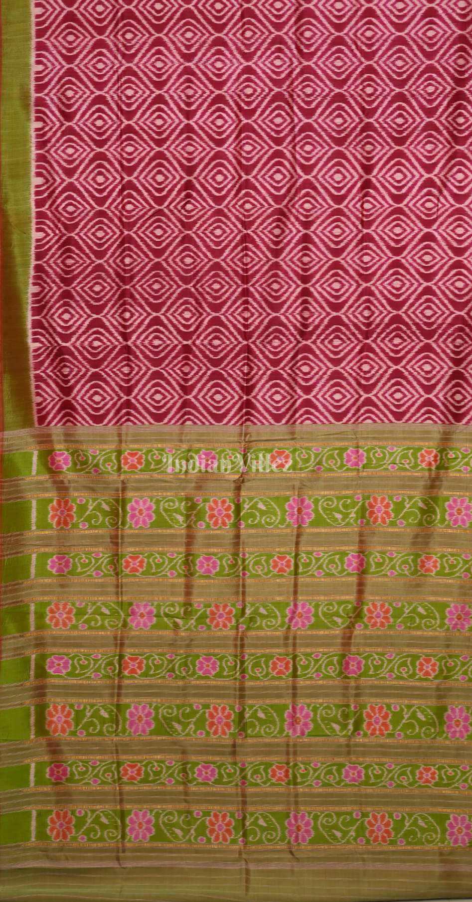 Raspberry Pink Green Diamond Motif Odisha Ikat Contemporary Designer Silk Saree