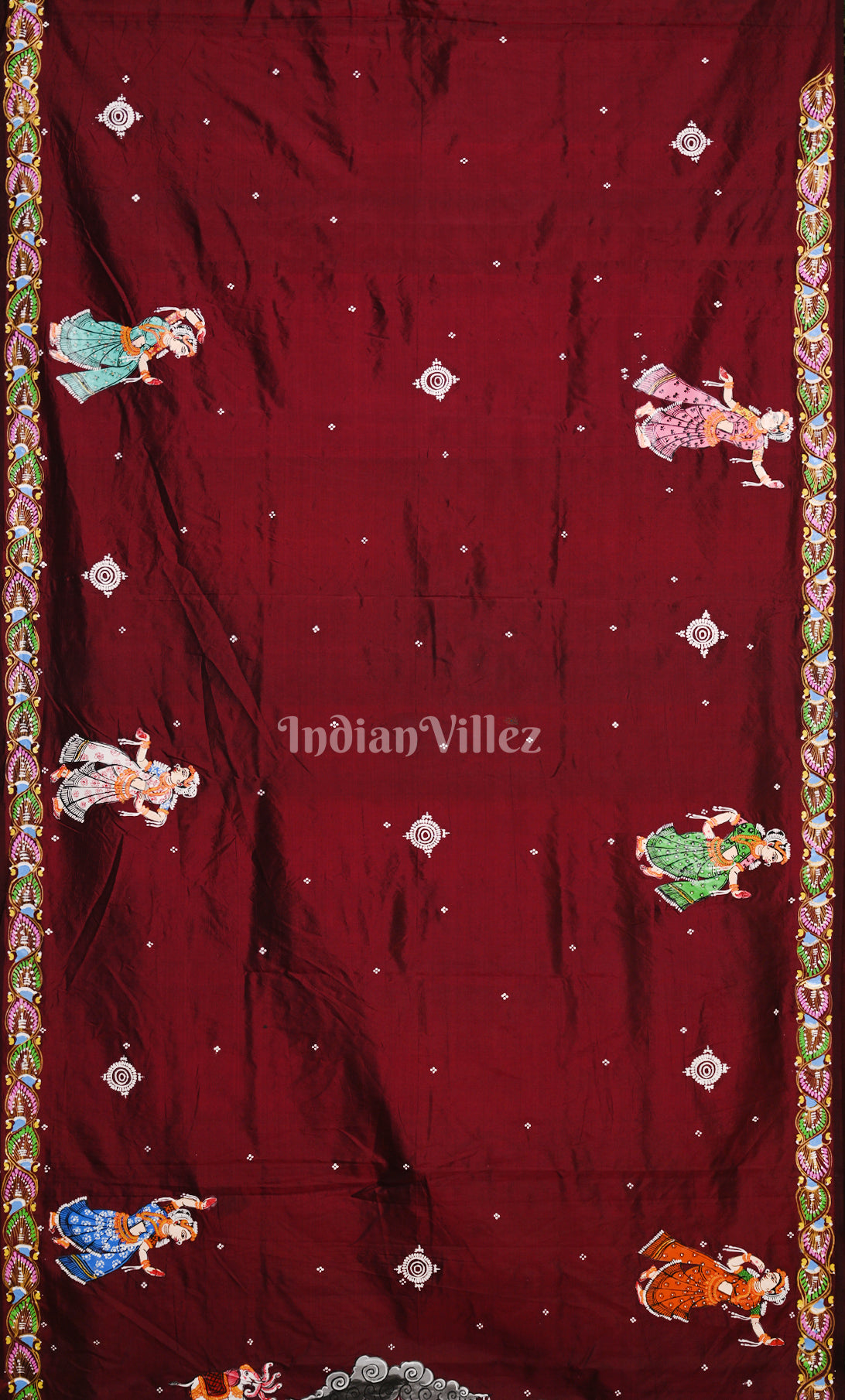 Maroon Giri Govardhan Hand-Painted Pattachitra Saree