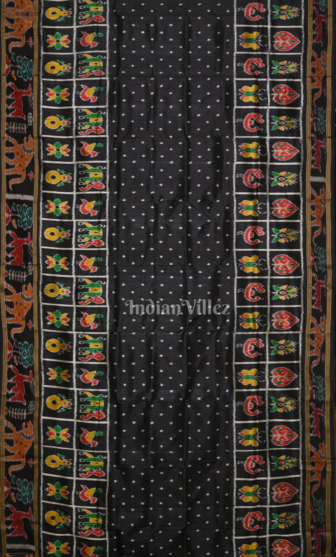Black  Dot Half Nabakothi Border Odisha Ikat Khandua Silk Saree 