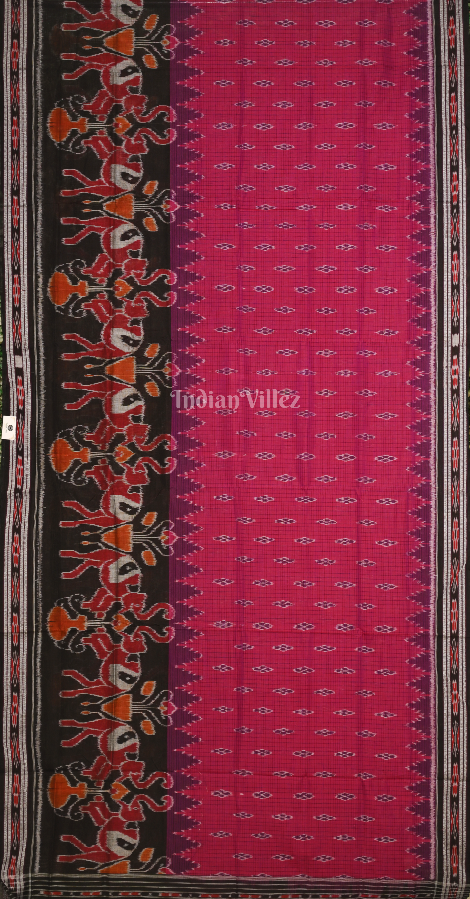 Rani Pink Black Elephant Scott Odisha Ikat Sambalpuri Cotton Saree