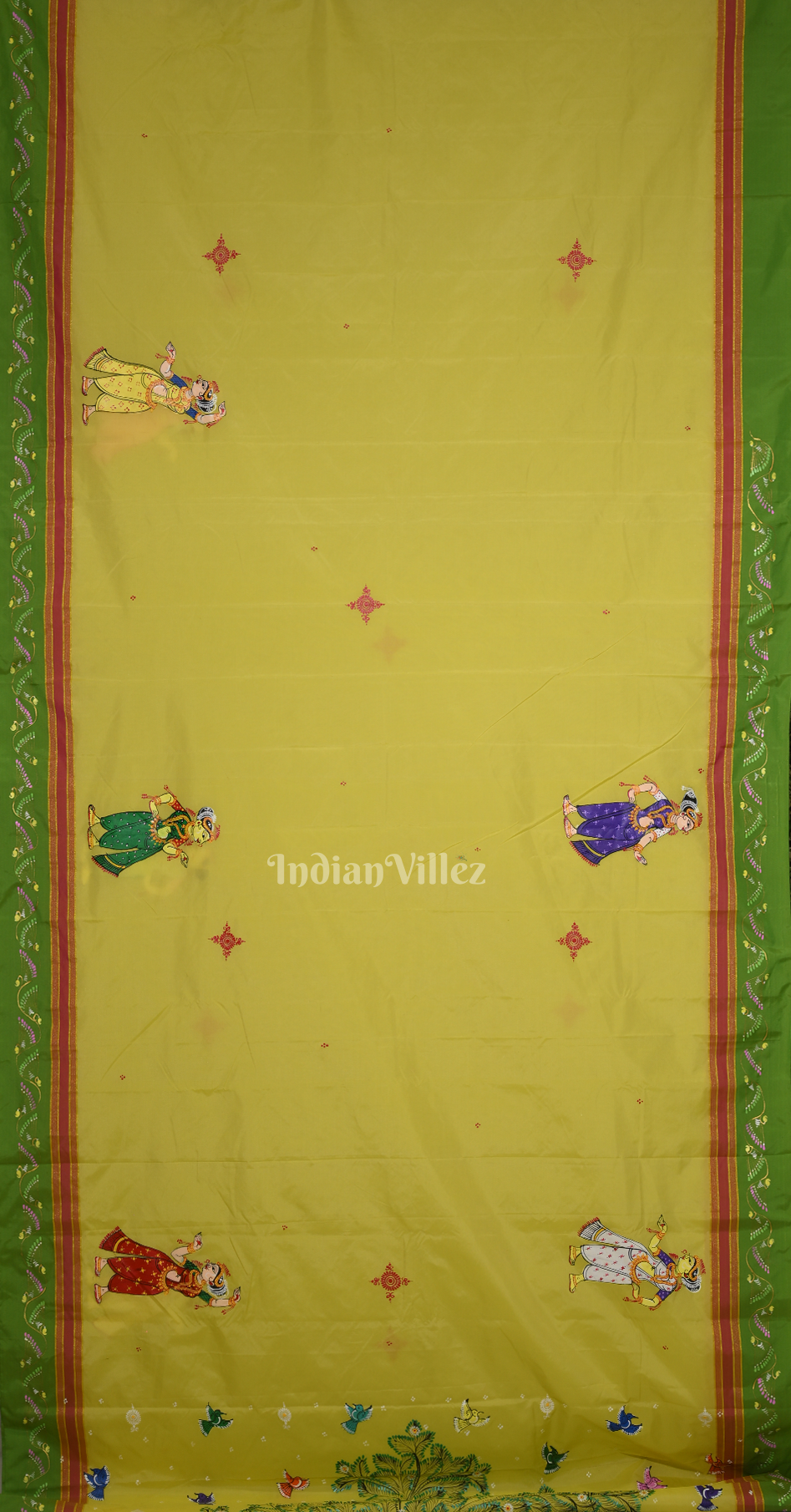 Yellow Mehendi Green Raja Doli Theme Hand-Painted Pattachitra Saree
