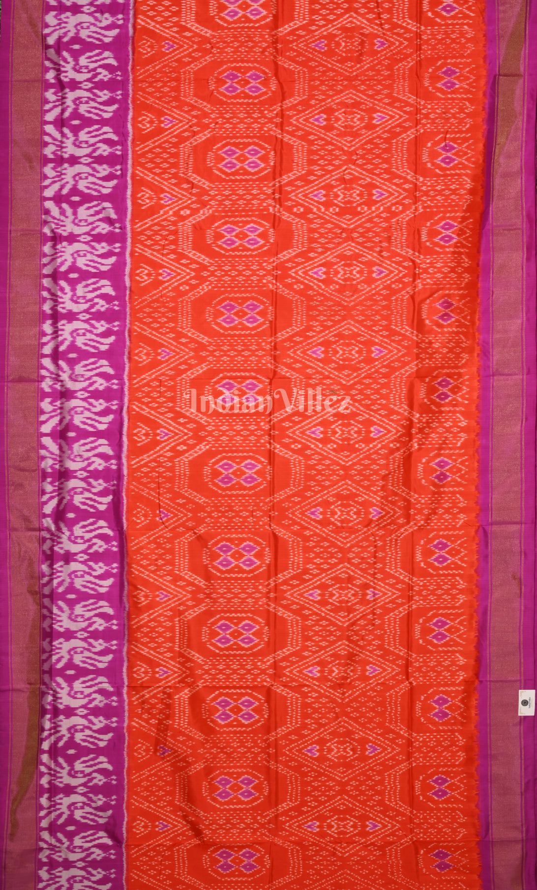  Orange Pink Pochampally Ikat Silk Saree 