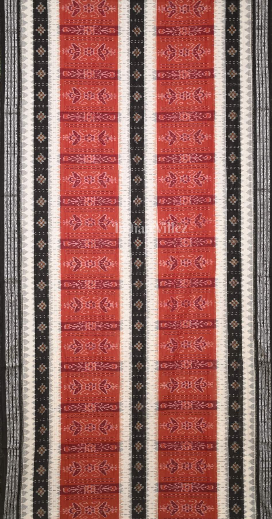 Brick Red Black Triple Line Pasapali Odisha Ikat Sambalpuri Cotton Saree 