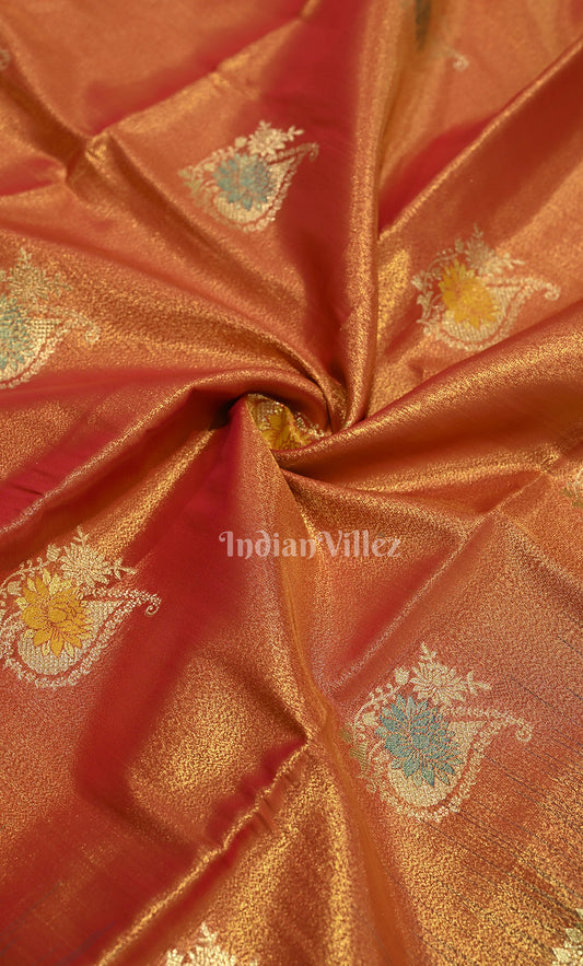 Light Orange Green Dual Tone Brocade Pure Kanjivaram Tissue Silk Saree