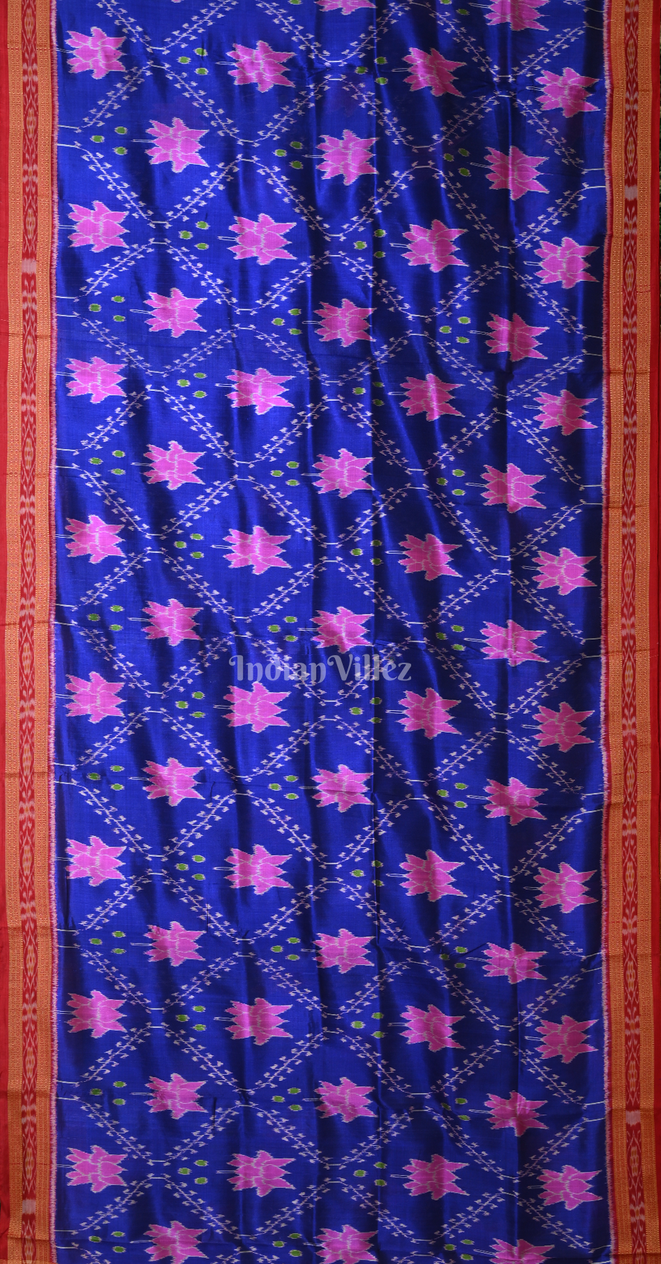Blue Red Lotus Motif Odisha Ikat Khandua Silk Saree 