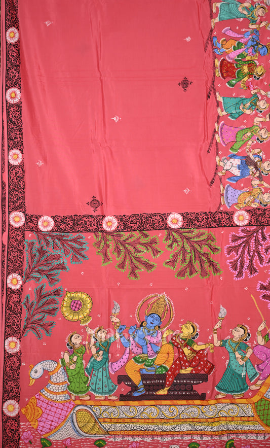 Peach Radha Krishna Boita Bandana Hand-Painted Pattachitra Saree 
