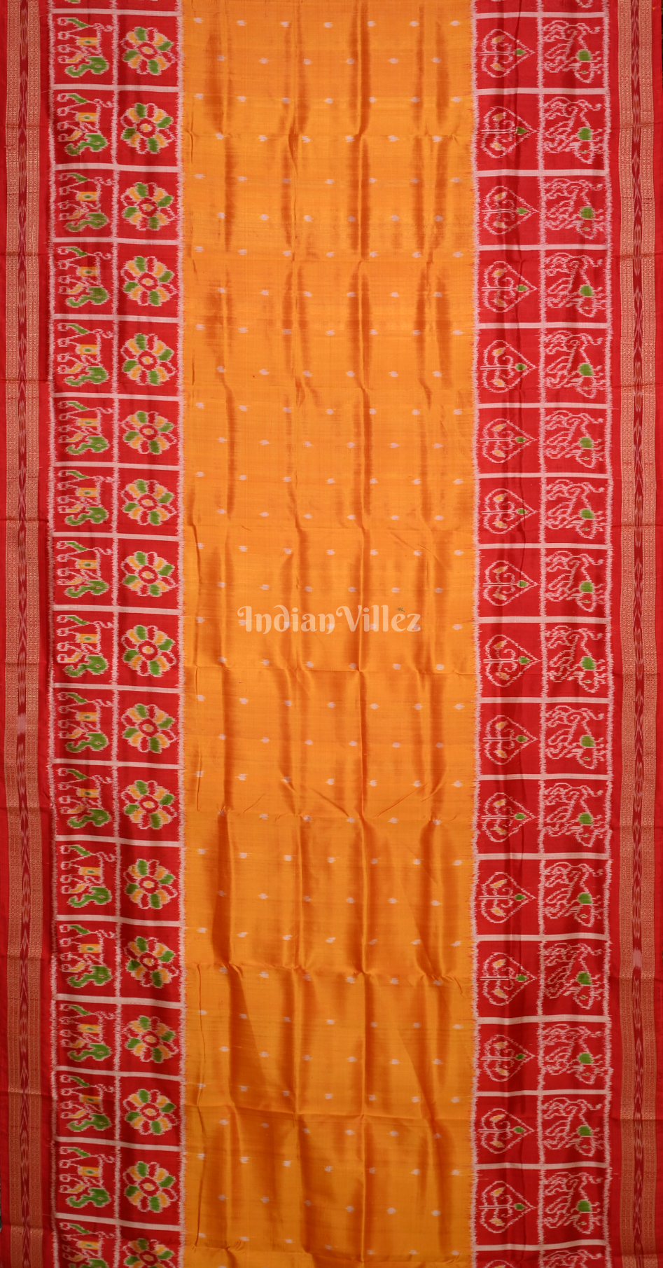 Mustard Yellow Red Dot Half Nabakothi Odisha Ikat Khandua Silk Saree 