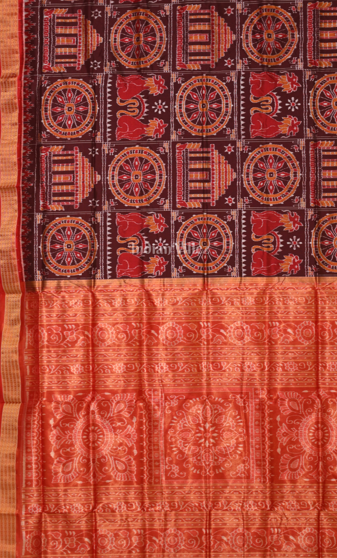 Coffee Red Konark temple & Wheel Design Half Tissue Sambalpuri Silk Saree