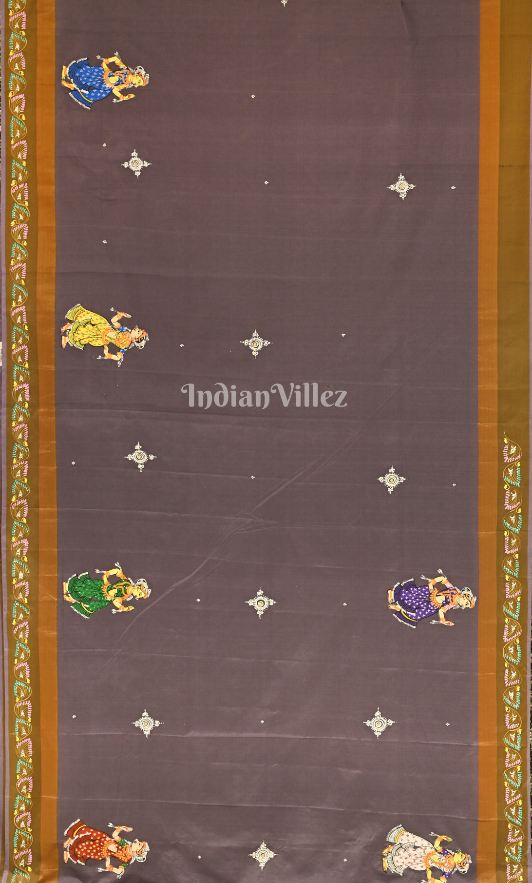 Grey Raja Doli Theme Hand-Painted Pattachitra Saree 