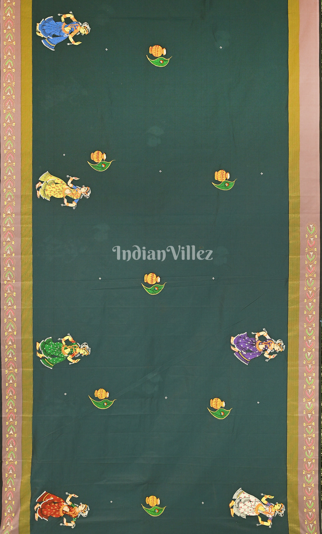 Bottle Green Krishna Raasleela Hand-Painted Pattachitra Saree 