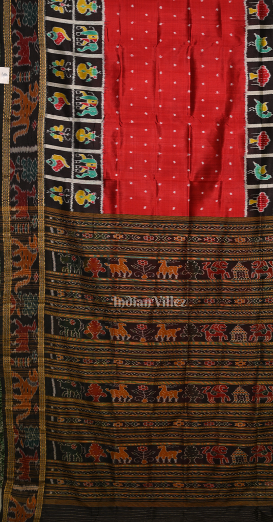 Red Black Dot Half Nabakothi Odisha Ikat Khandua Silk Saree
