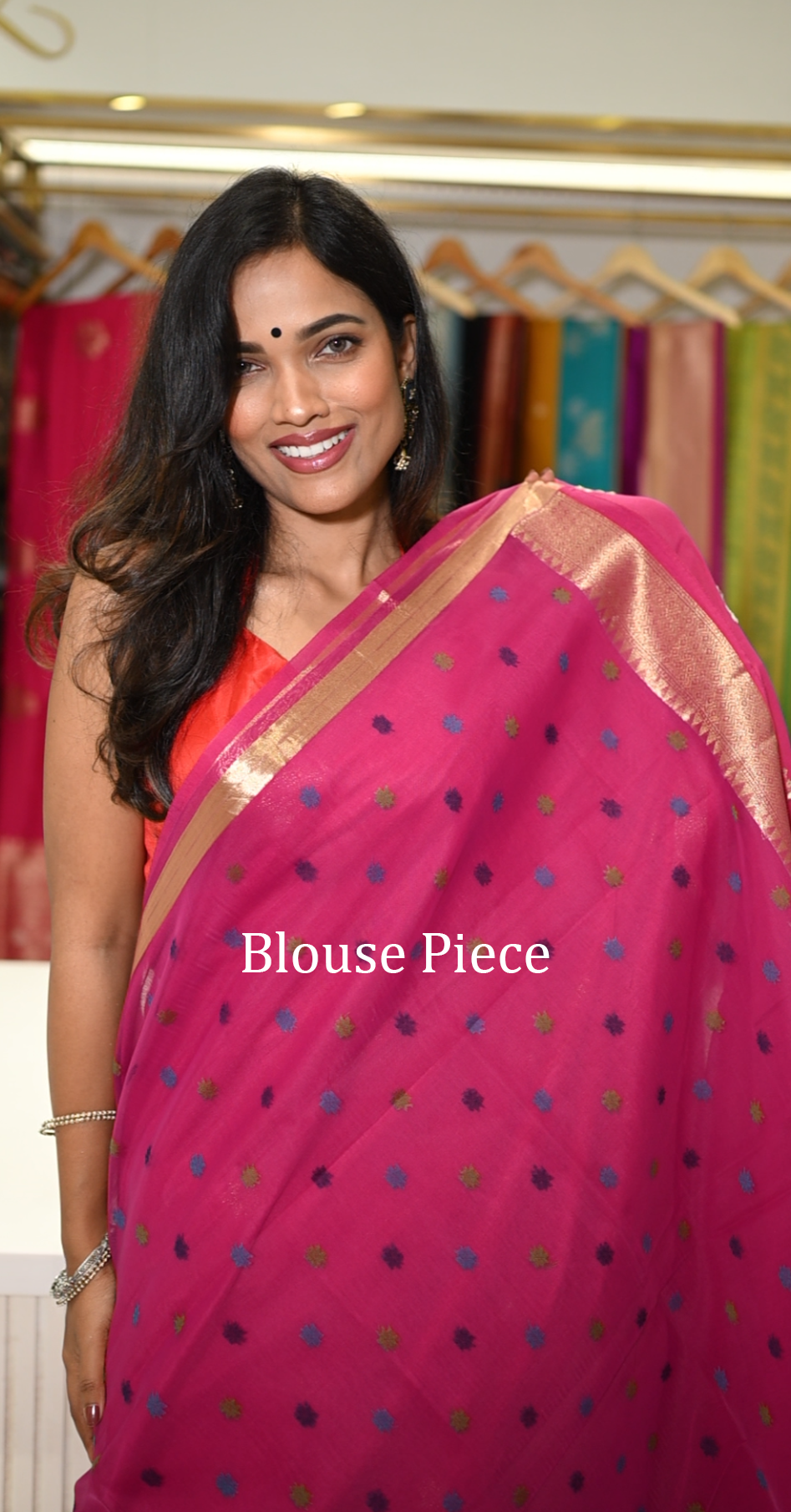 Rani Pink Linen Saree with Blue Floral Pallu