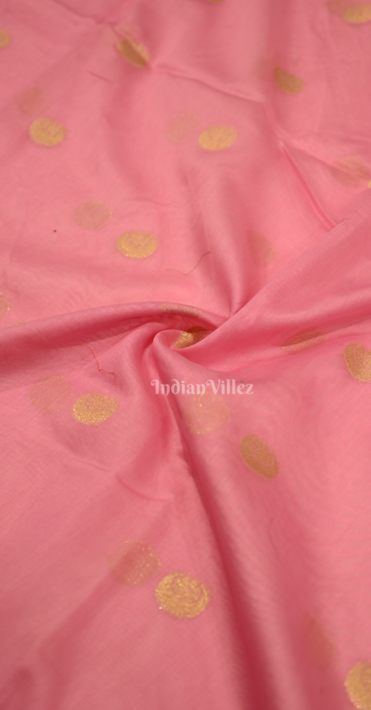 Pink Red Polka Butta Brocade Pure Kanjivaram Silk Saree 
