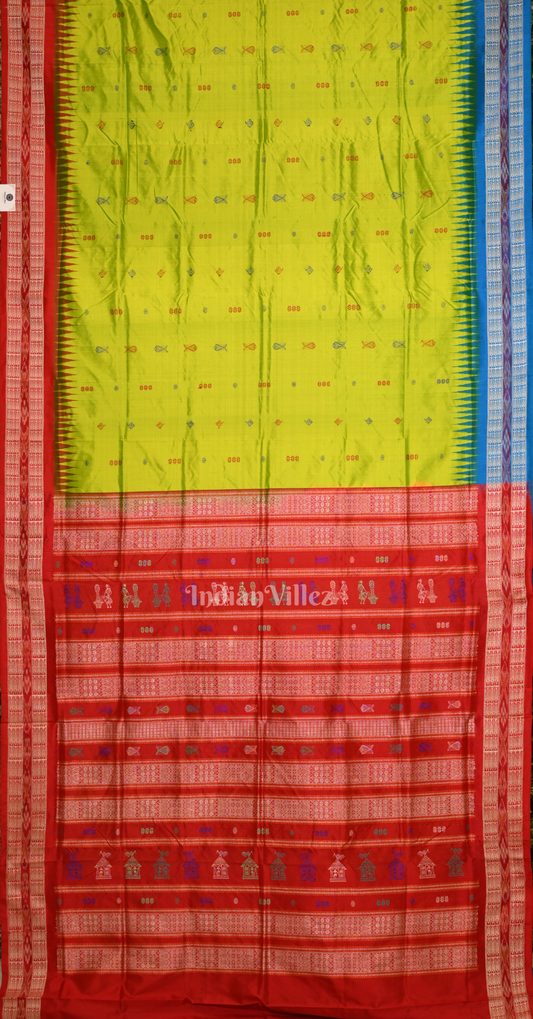 Parrot Green Red Fish Motif Odisha Ikat Bomkai Silk Saree with Ganga Jamuna Border