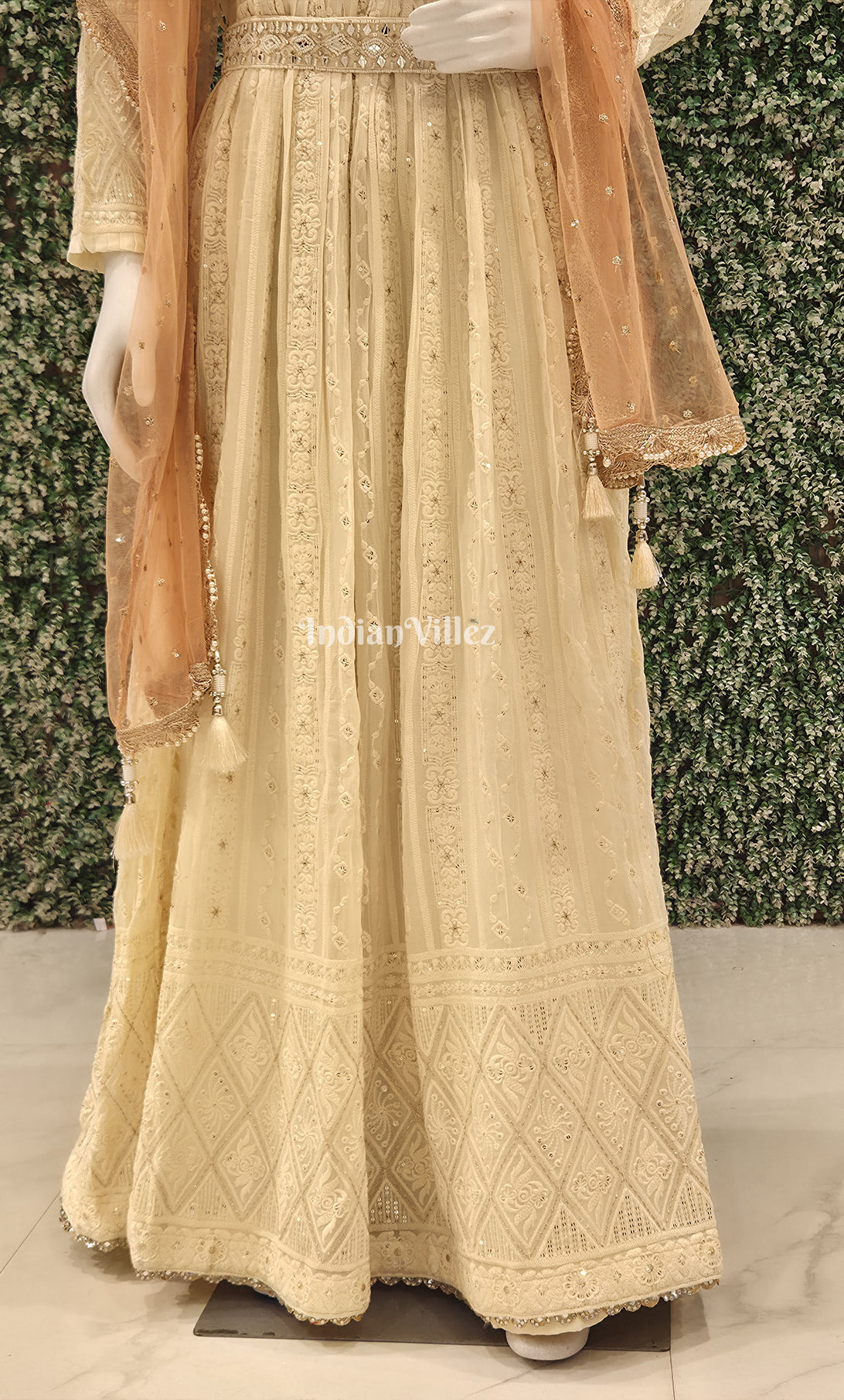 Designer Off white Thread Work Georgette Gown with Dupatta