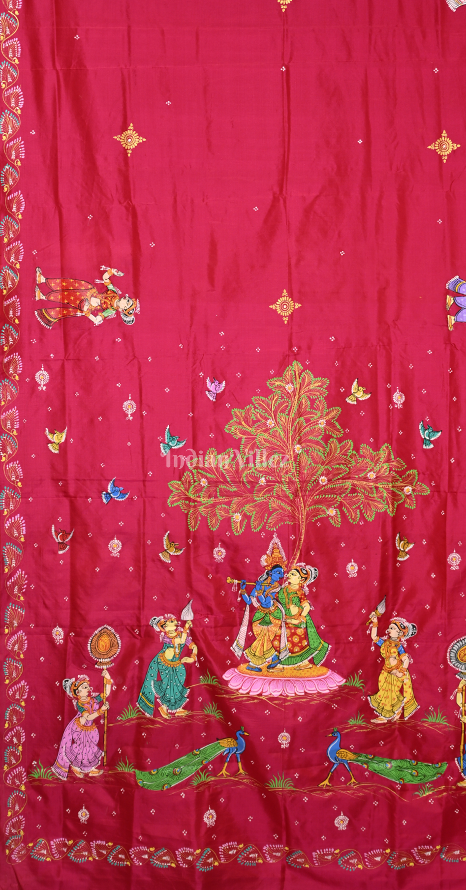 
Magenta Pink Krishna Rasa Leela Hand-Painted Pattachitra Silk Saree
