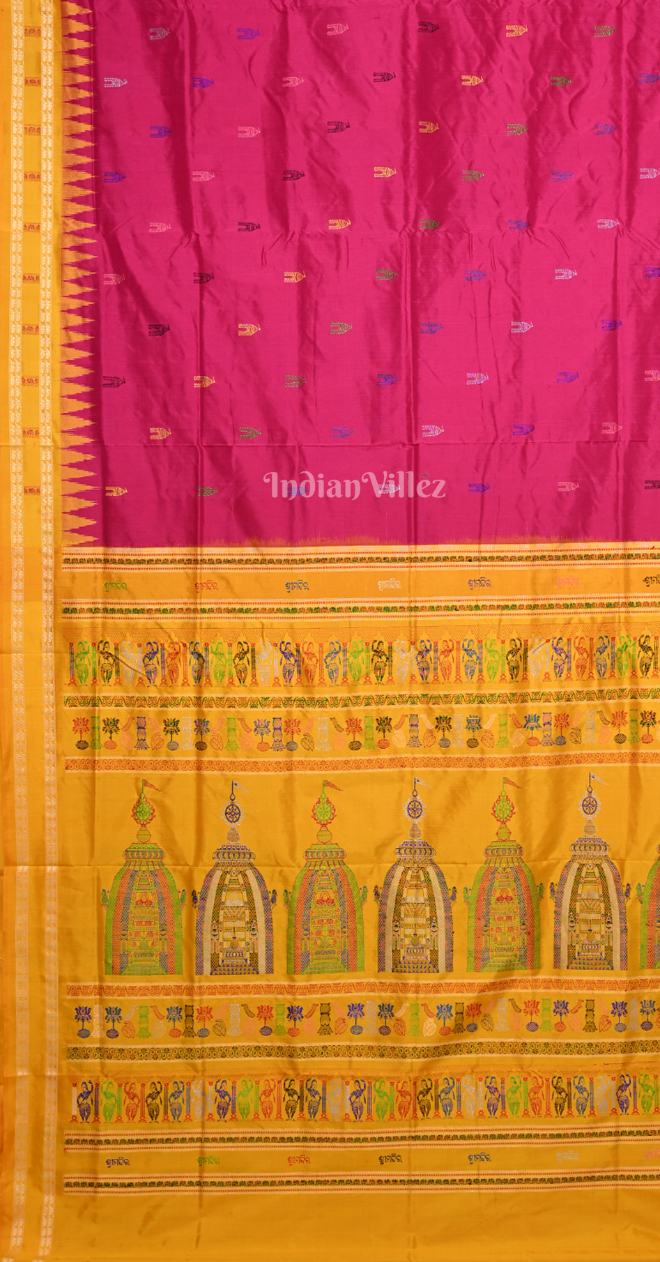 Rani Pink Yellow Shree Mandir Theme Bomkai Sambalpuri Ikat Silk Saree 