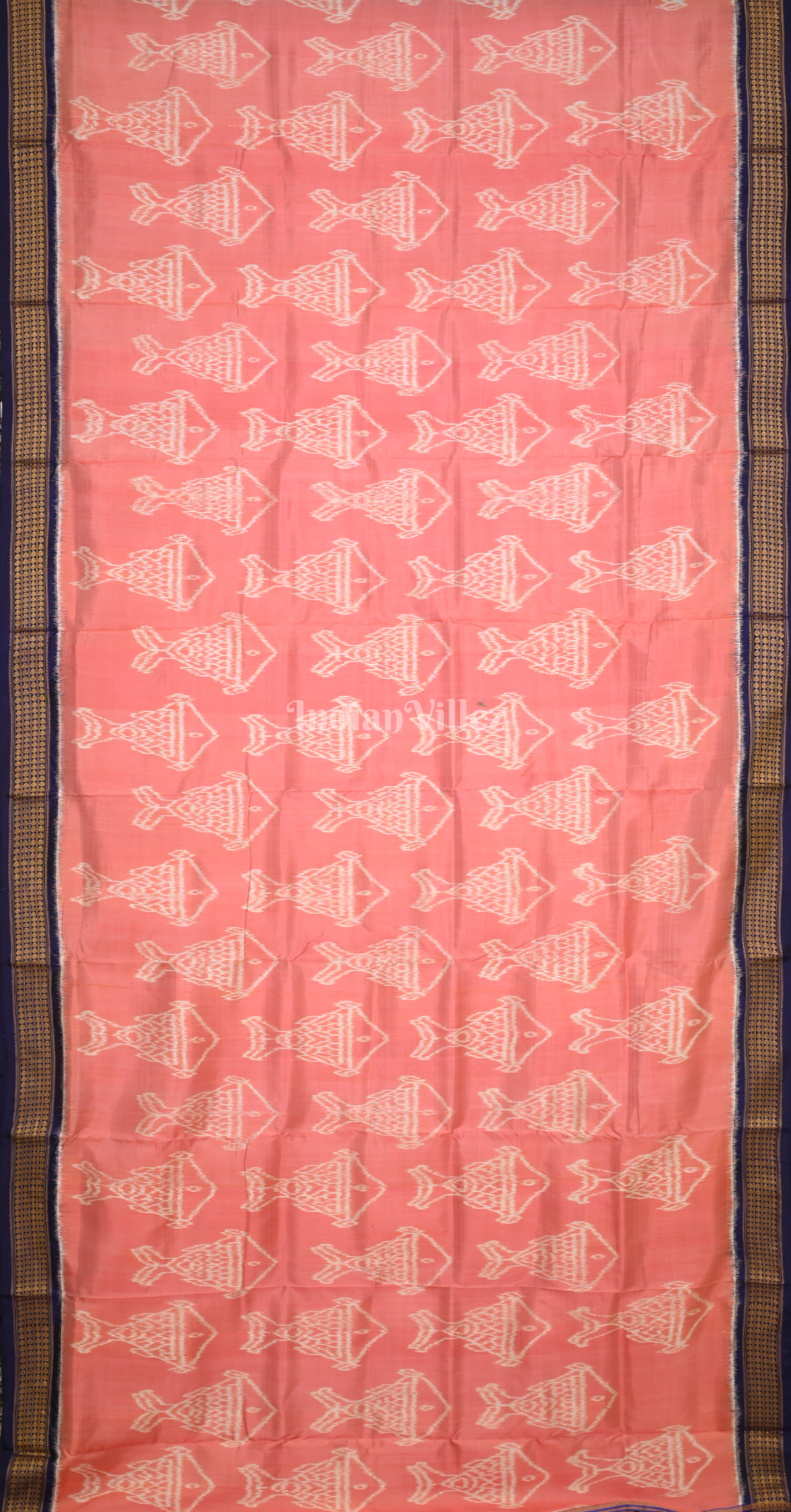 Peach Pink Blue Fish Motif Odisha Ikat Khandua Silk Saree 