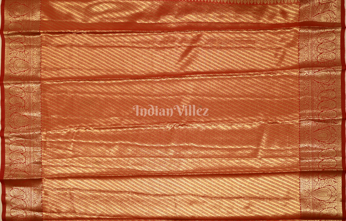 Mustard Yellow Red Floral Pure Kanjivaram Tissue Silk Saree 