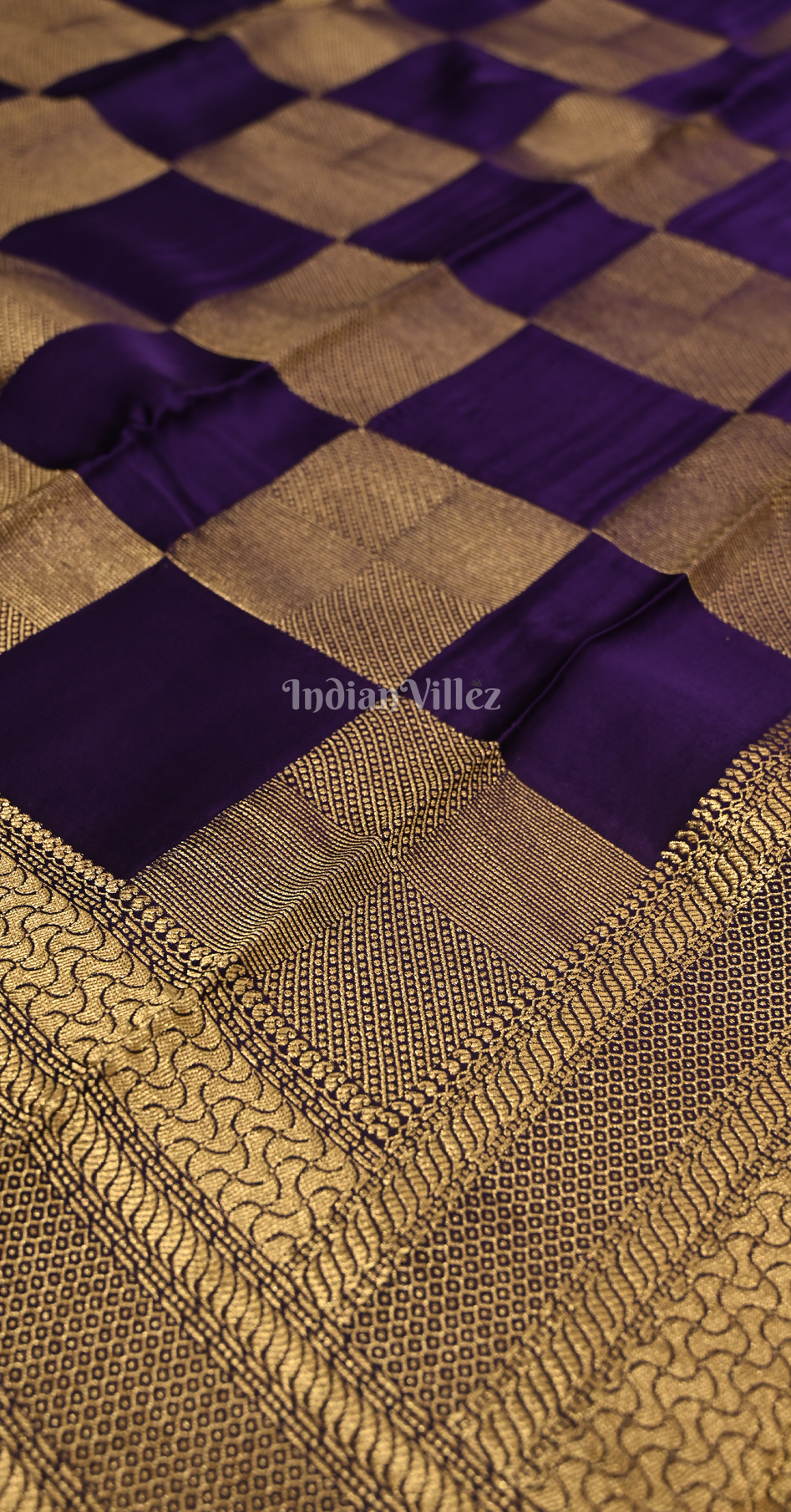 Purple Golden Checks Pure Crepe Kanjivaram Silk Saree