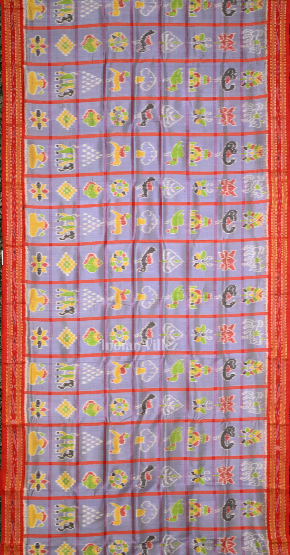 Lavender Red Nabakothi Odisha Ikat Khandua Silk Saree with Jungle Anchal