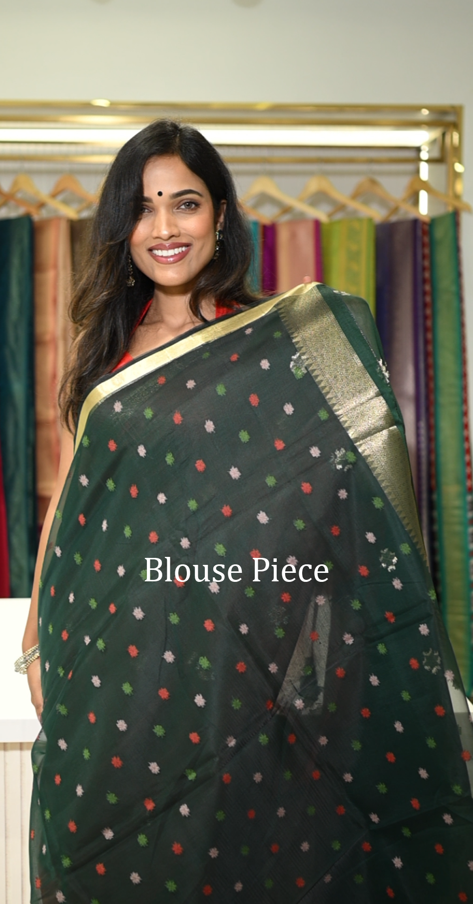 Bottle Green Linen Saree with Red Floral Pallu