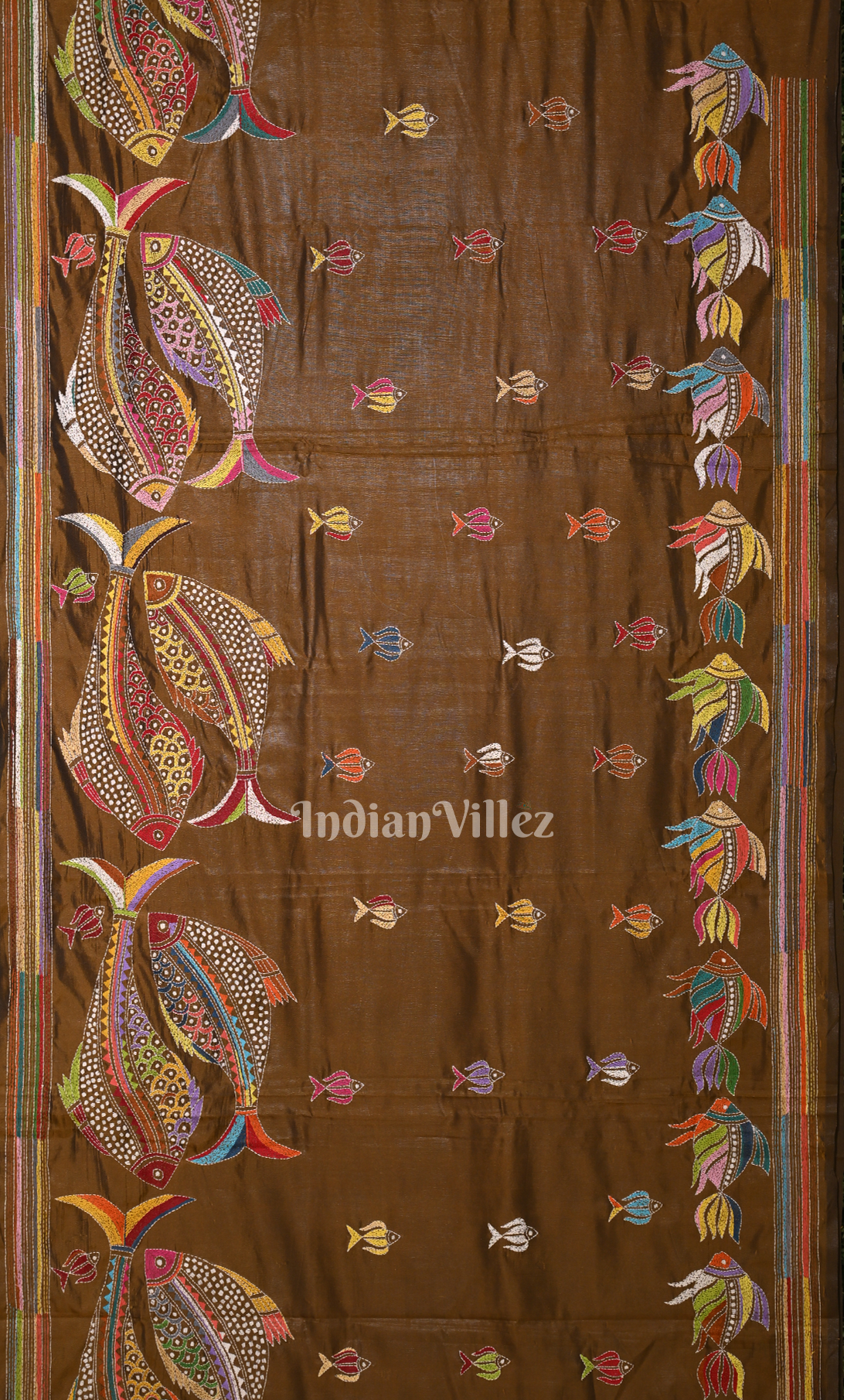 Brown Fish Motif Handwoven Kantha Stitch Silk Saree 