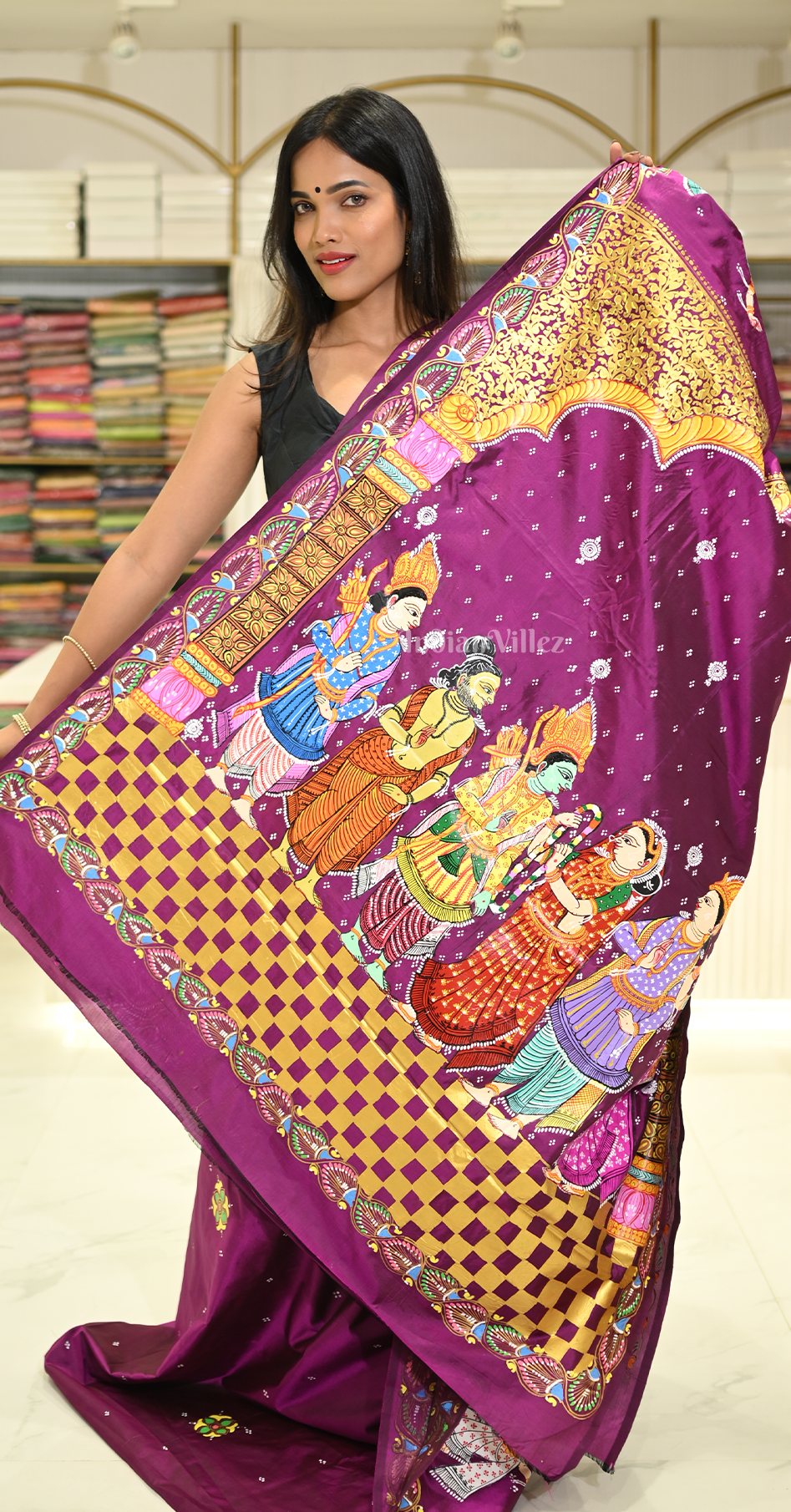 Purple Ram Sita Vivah Theme Hand-Painted Pattachitra Saree