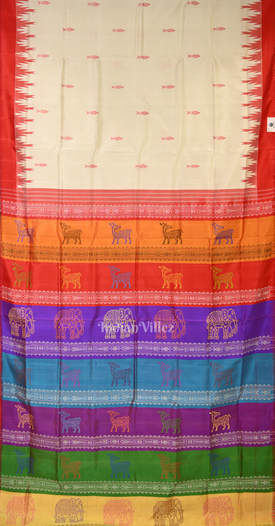 White with MultiColor Fish Motif Double Pallu Berhampuri Silk Saree 