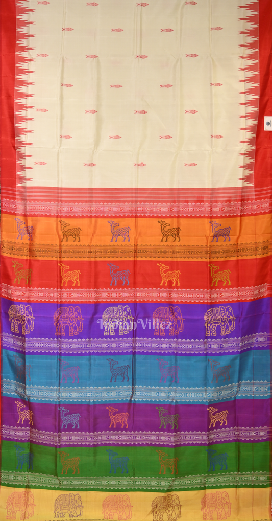 White with MultiColor Fish Motif Double Pallu Berhampuri Silk Saree 