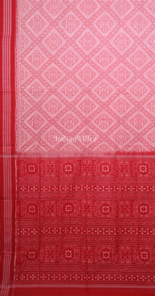 Pink Red Geometric Pattern Odisha Ikat Sambalpuri Cotton Saree 