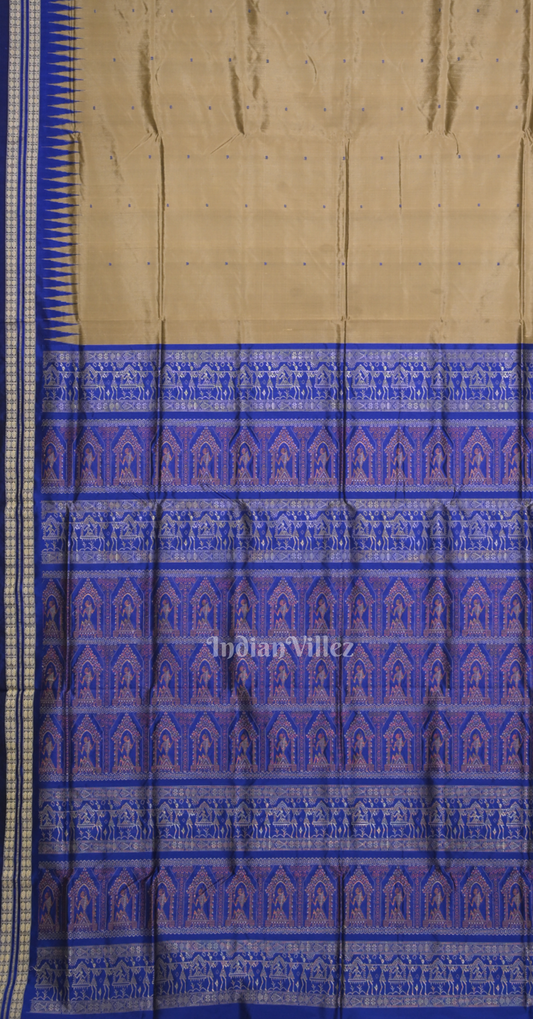 Beige Blue Buti Design Odisha Ikat Bomkai Sambalpuri Silk Saree