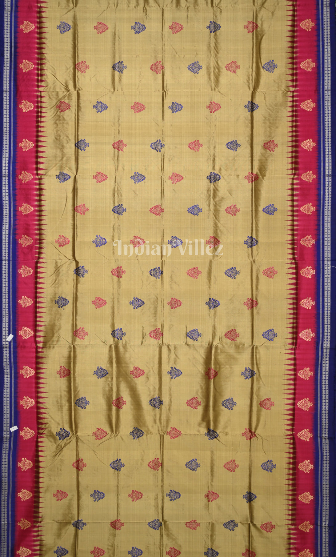 Beige Blue Odisha Ikat Bomkai Sambalpuri Silk Saree with Doll Aanchal 