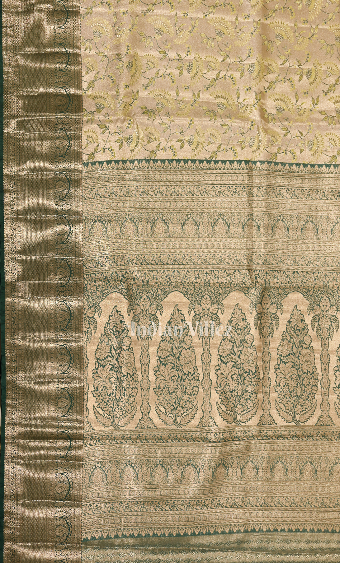 Cream Bottle Green Pure Kanjivaram Tissue Silk Saree