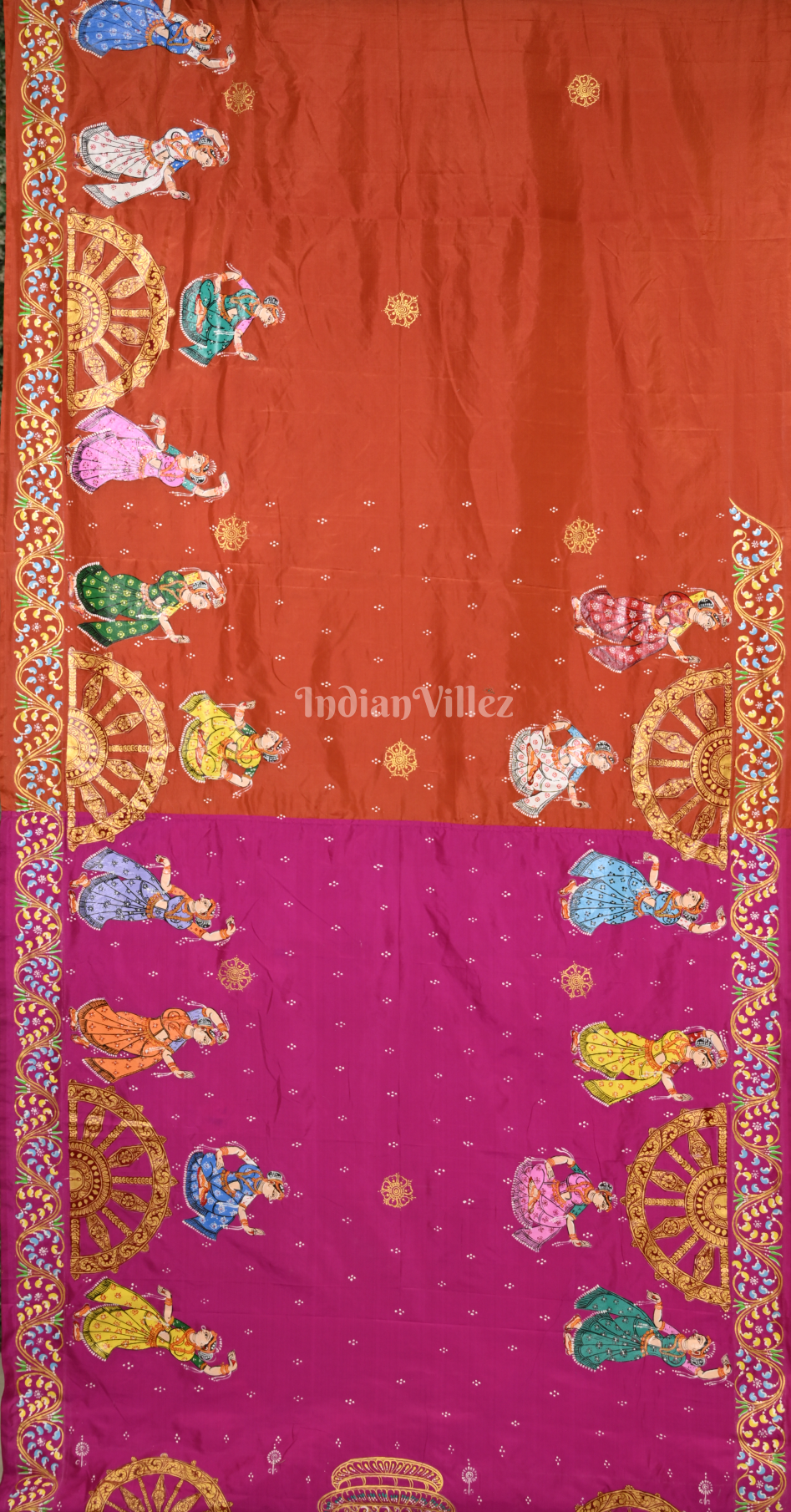 Rani Pink Orange Nartaki Konark Temple Hand-Painted Pattachitra Saree 