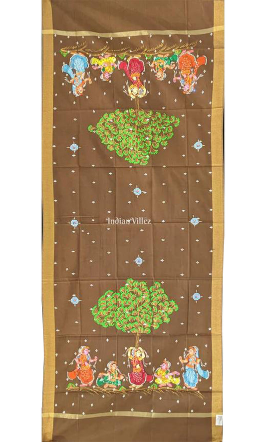 Peanut Brown Nartaki Pattachitra Art on Chanderi Dupatta