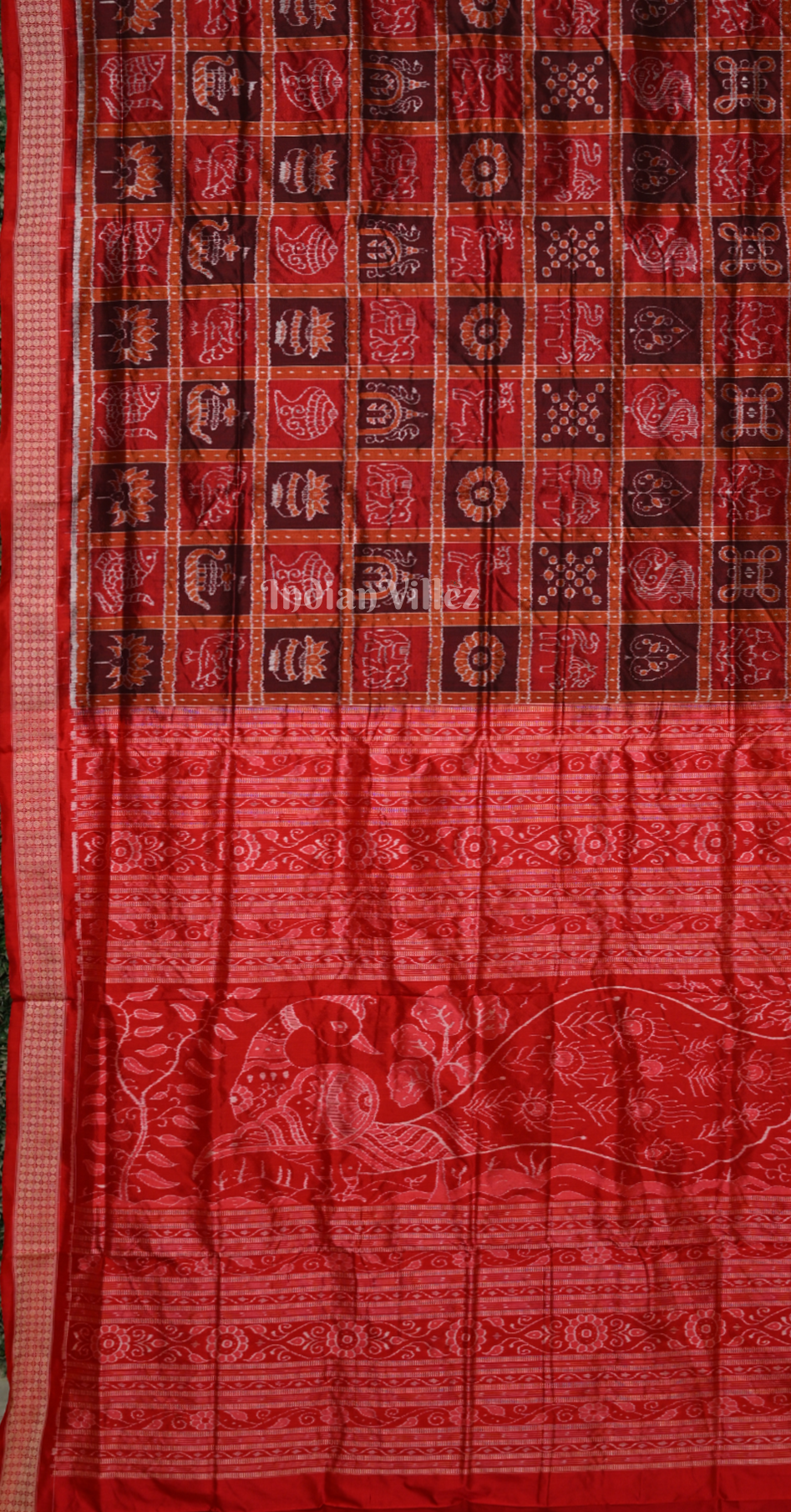 Red Coffee Nabakothi Odisha Ikat Sambalpuri Silk Saree with Peacock Anchal