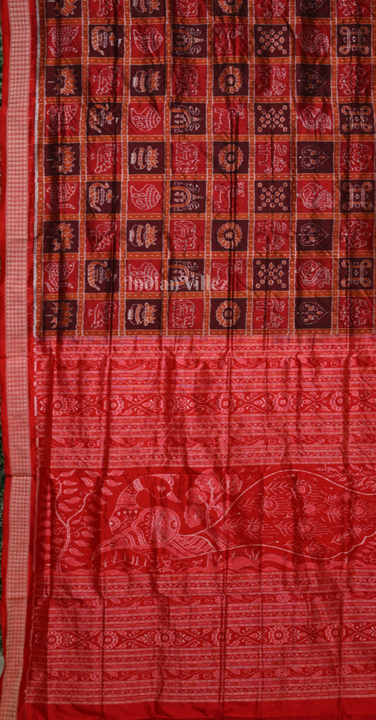 Red Coffee Nabakothi Odisha Ikat Sambalpuri Silk Saree with Peacock Anchal