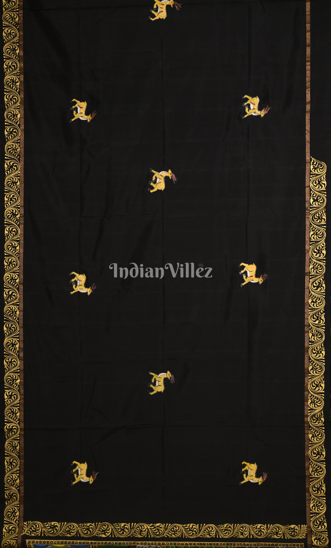 Black Peach Ramayan Theme  Hand-Painted Pattachitra Saree