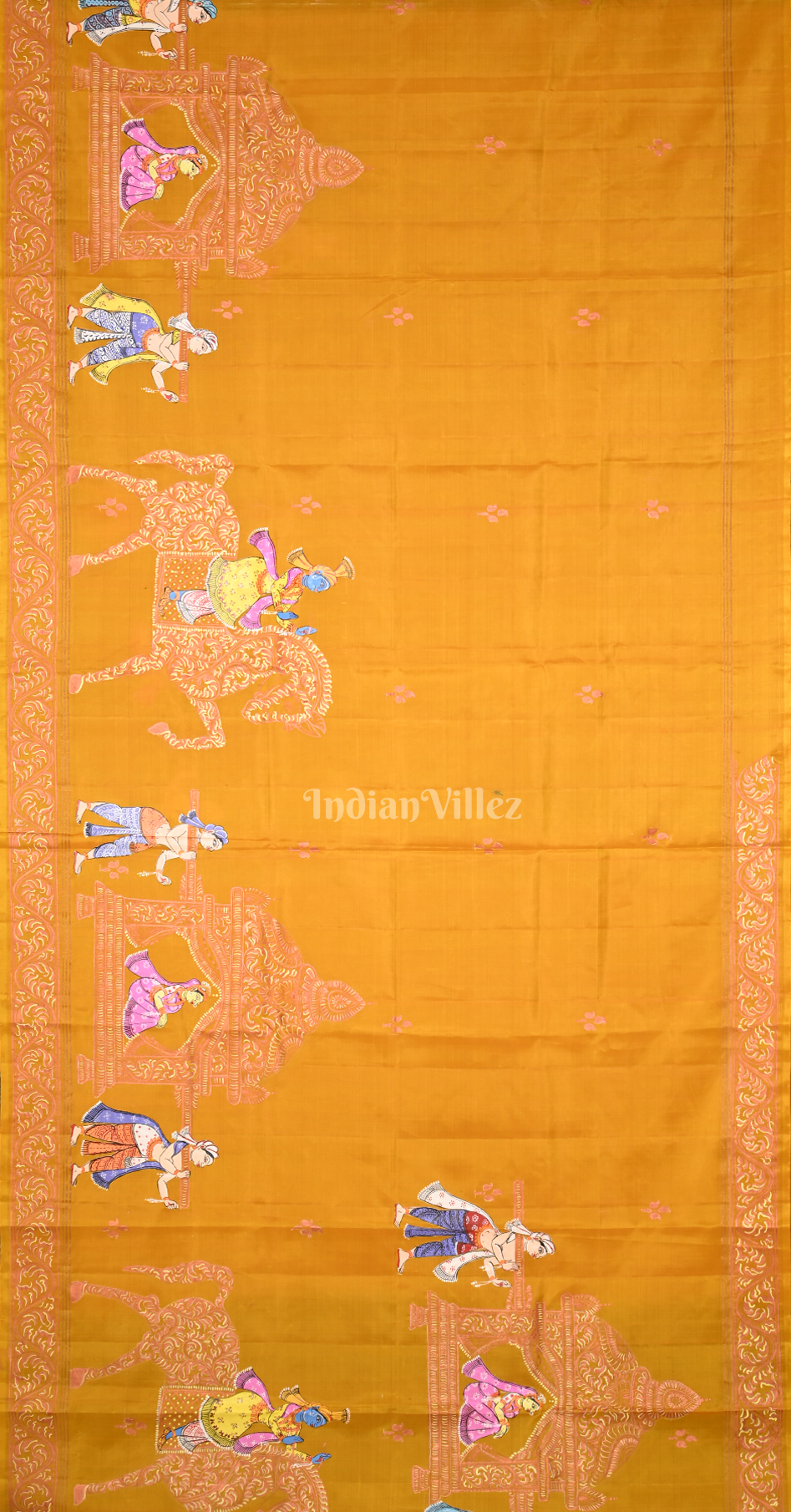 Mustard Yellow Green Doli Barat Hand-Painted Pattachitra Saree 