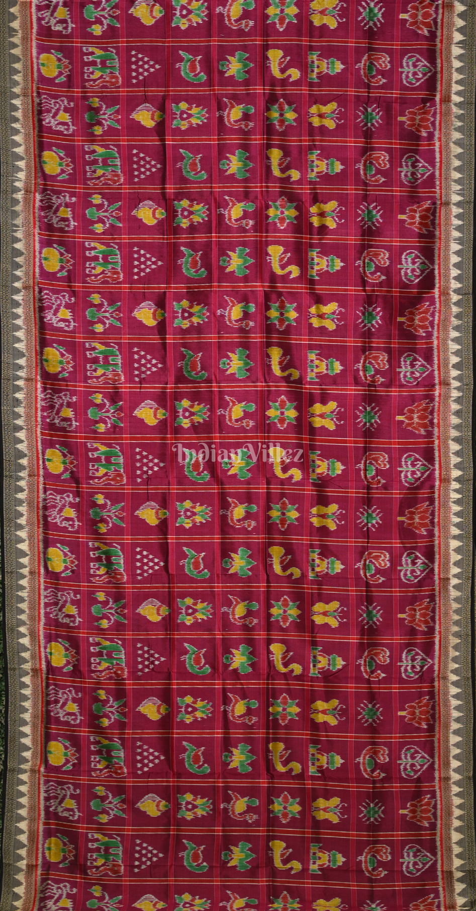 Magenta Pink Black Nabakothi Khandua Silk Saree with Pecock Elephant Chandua Anchal