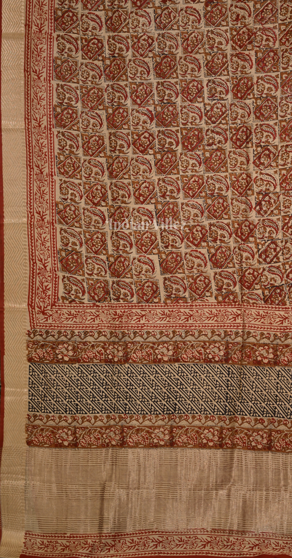  Maroon with Beige Block Printed Bagru Cotton Saree