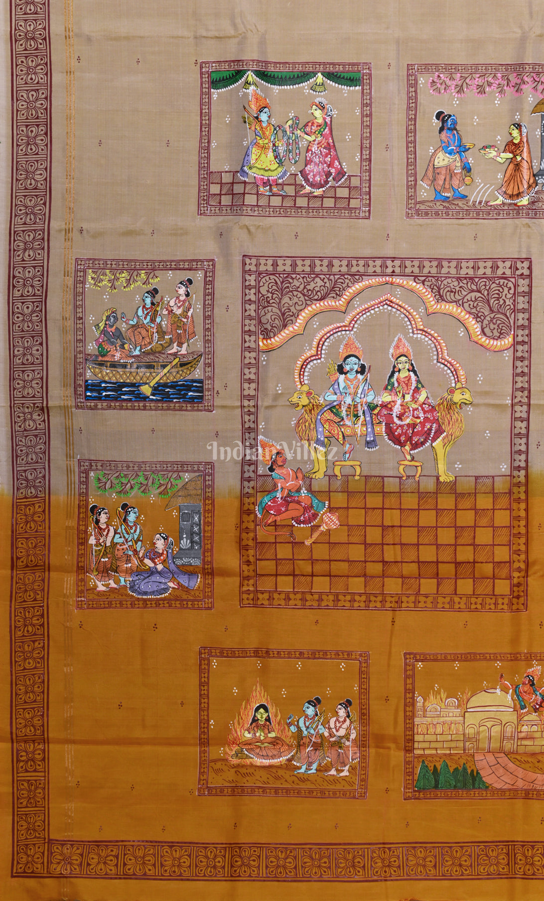 Pastel Beige Yellow Ramayan Theme Hand-Painted Pattachitra Saree 