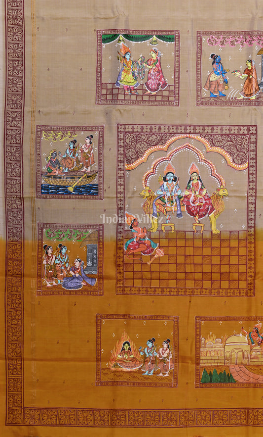 Pastel Beige Yellow Ramayan Theme Hand-Painted Pattachitra Saree 
