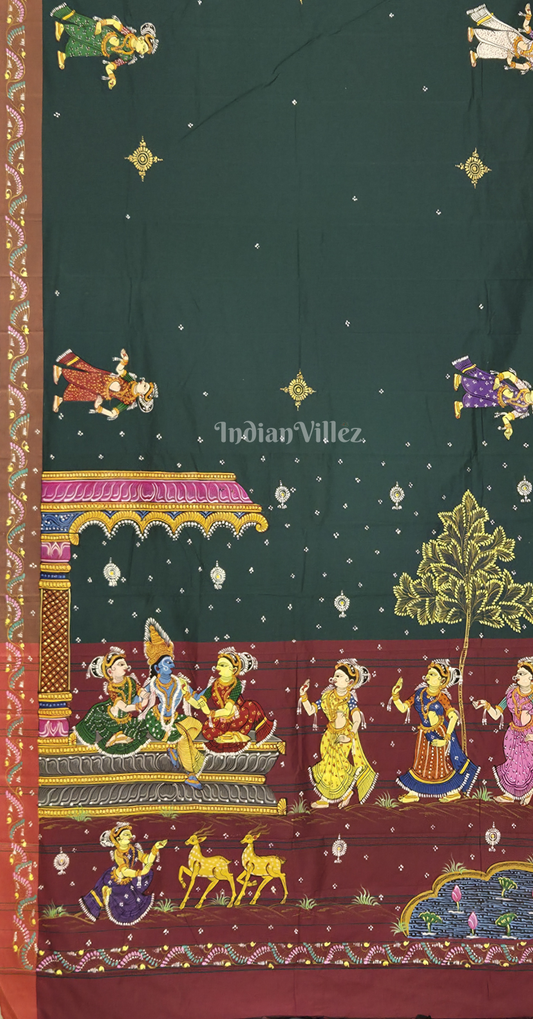 Green Maroon Krishna Raas Leela Hand-Painted Pattachitra Saree