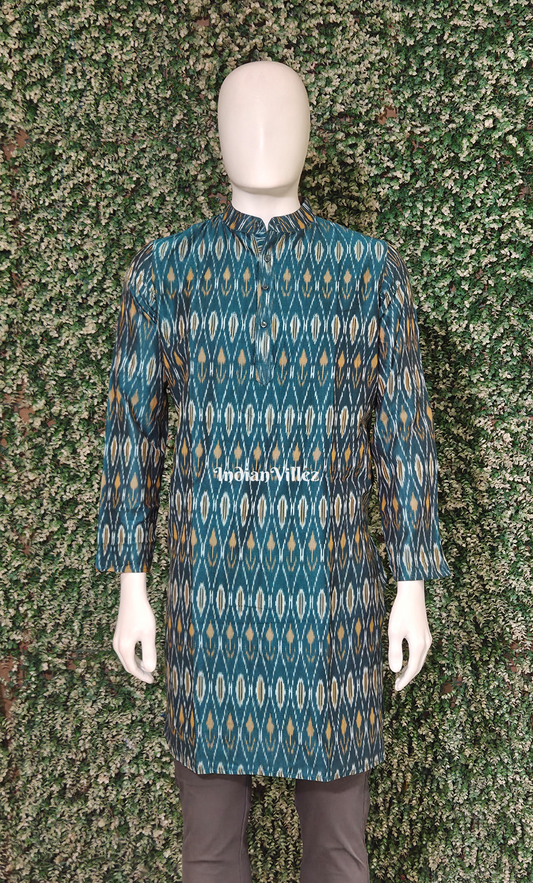 Teal Blue Pochampally Ikat Cotton Kurta for Men