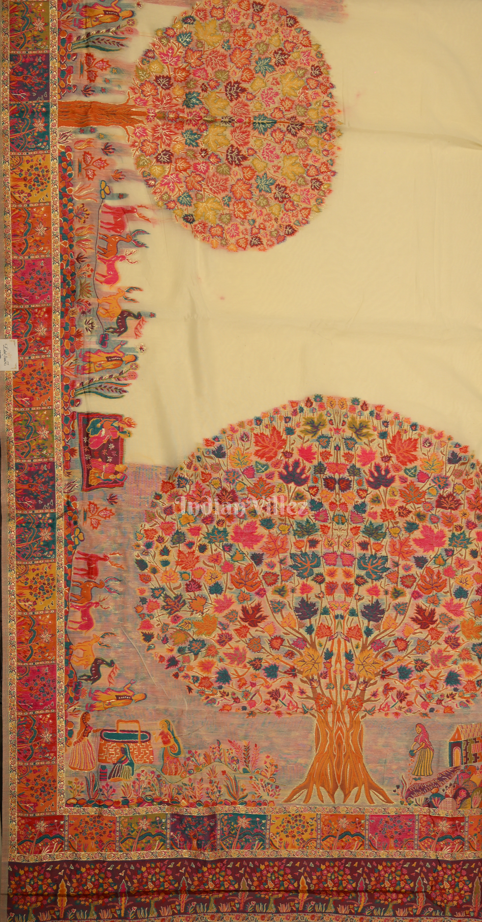  Cream Tree of Life Pure Kashmiri Cotton Pashmina Saree
