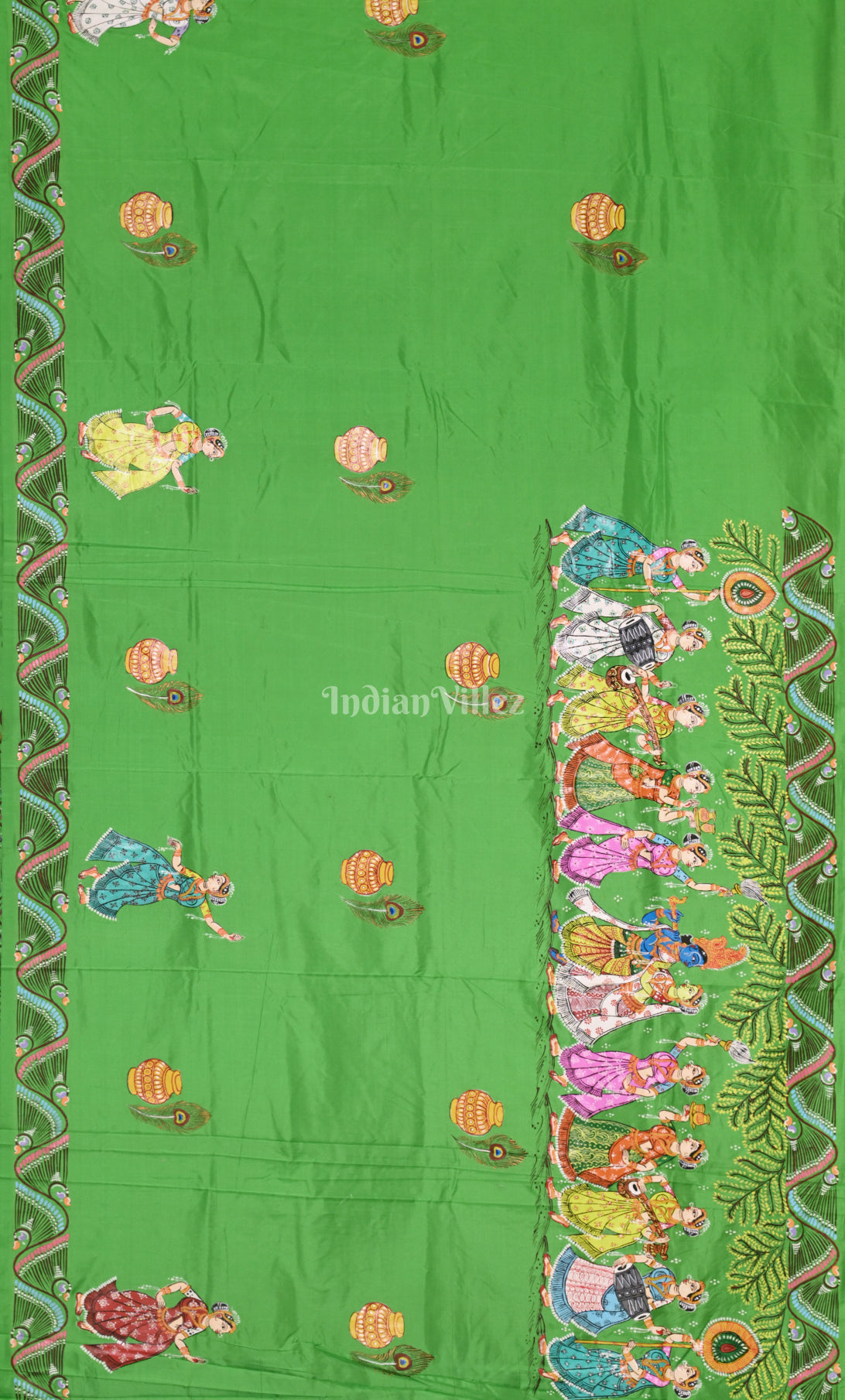 Parrot Green Blue Boita Bandana Hand-Painted Pattachitra Saree