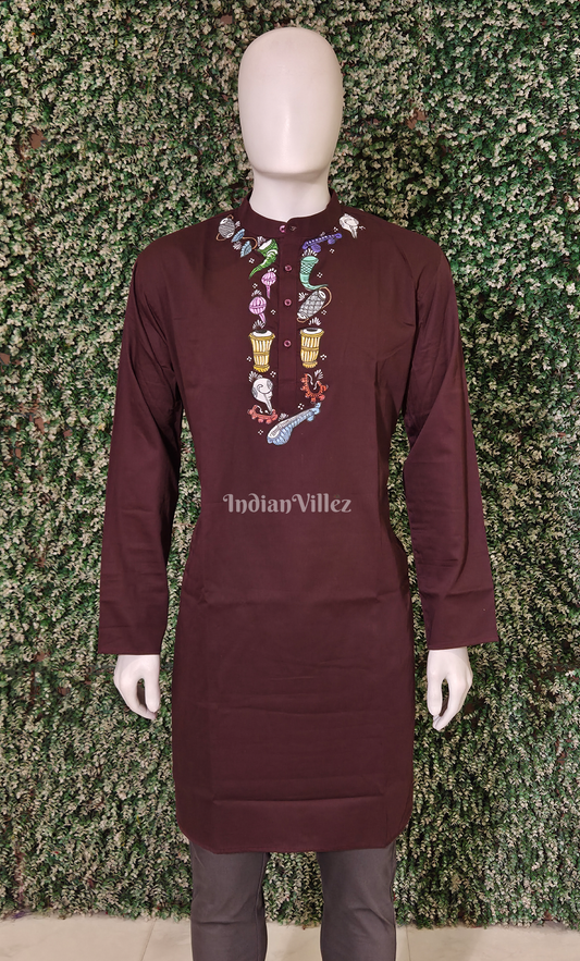 Coffee Musical Instrument Theme Hand-Painted Pattachitra Kurta