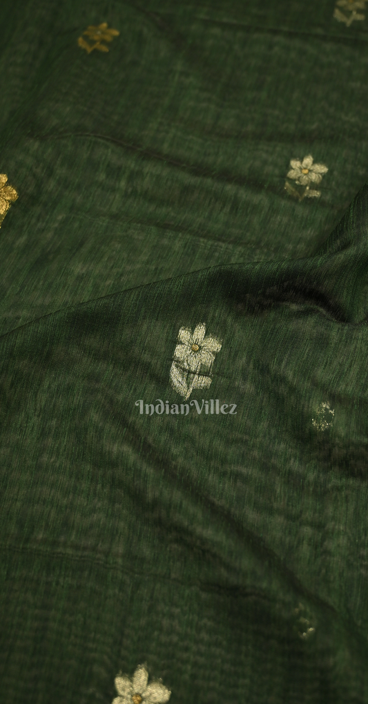 Bottle Green Linen Cotton Saree with Gold Zari Floral Pallu